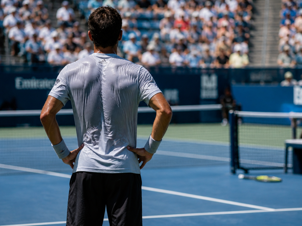 A tennis player standing at the baseline of a sun-baked hard court in mid-July…
