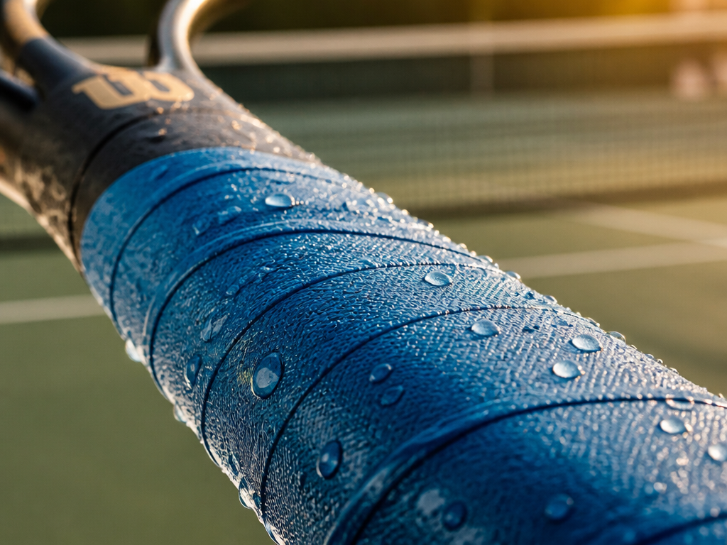 Extreme close-up macro photograph of a tennis racquet handle wrapped in a bright blue…