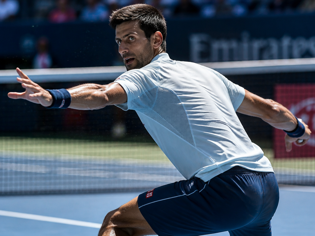 A tennis player mid-rally on an outdoor hard court under intense midday sun, captured…