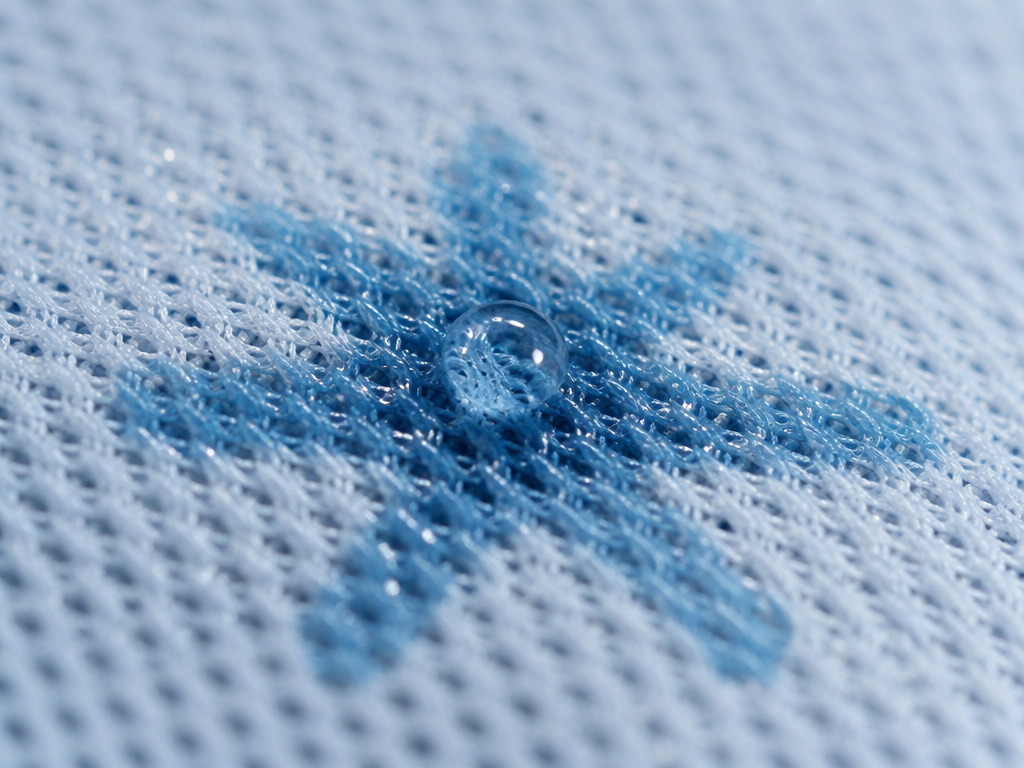 Extreme macro photograph of a droplet of sweat spreading into the woven texture of…