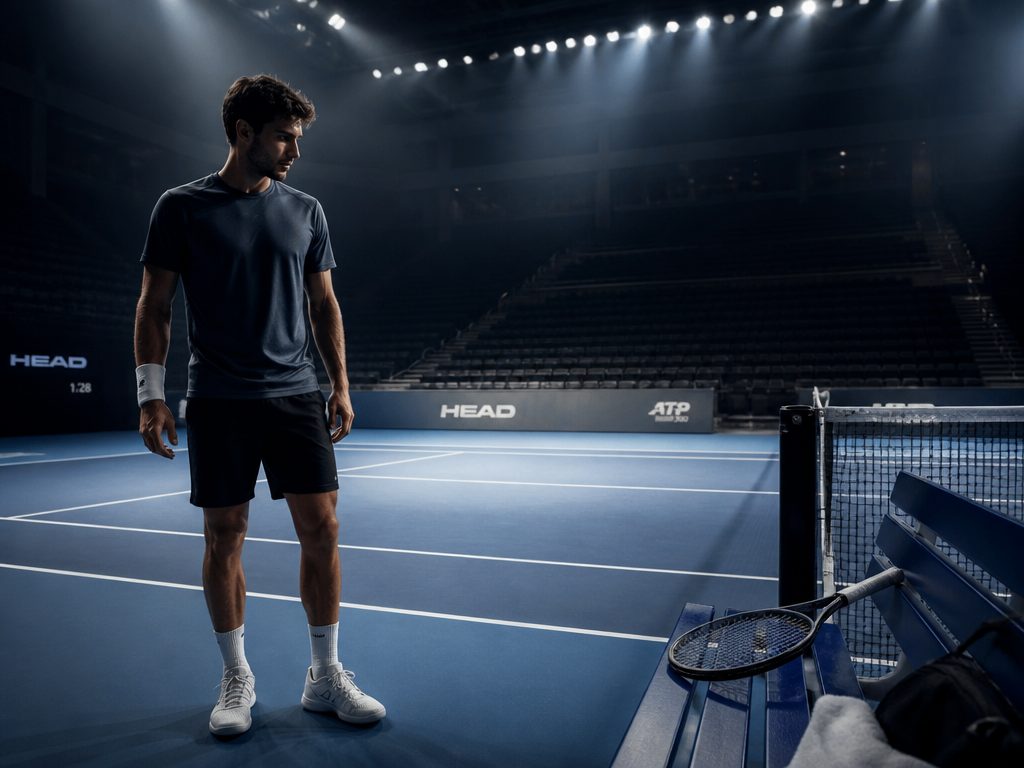 A male tennis player in athletic wear standing at the baseline of an indoor…
