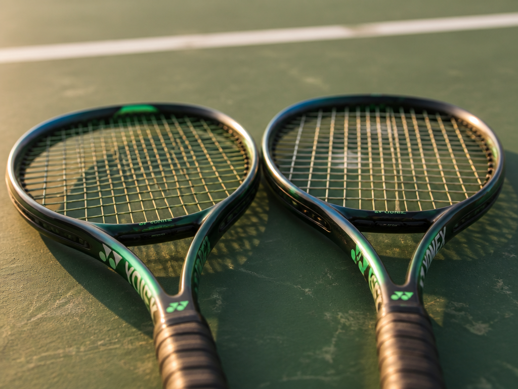 Close-up product photography of two black-and-green tennis racquets lying side by side on the…