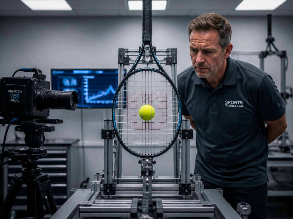 Photorealistic scene inside a sports science lab: a middle-aged researcher in a fitted polo…