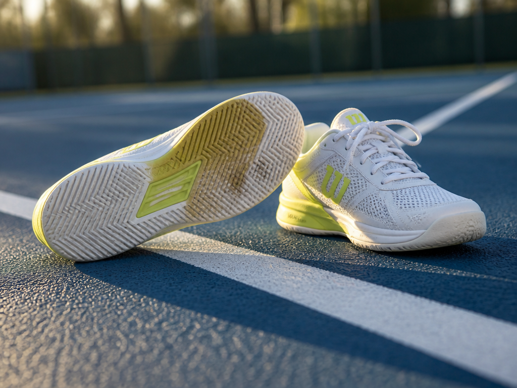 A pair of lightweight white-and-neon tennis shoes resting on the baseline of a sun-drenched…