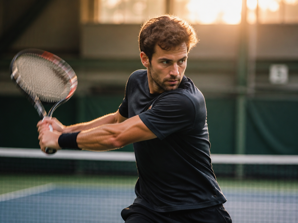 An intermediate club tennis player mid-backswing on an indoor hard court, captured with a…
