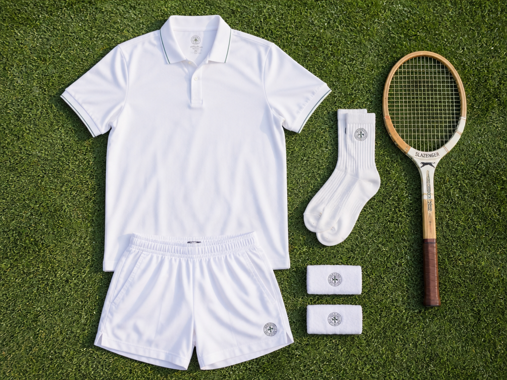 ["Professional editorial photograph of a crisp all-white tennis outfit laid flat on a natural…