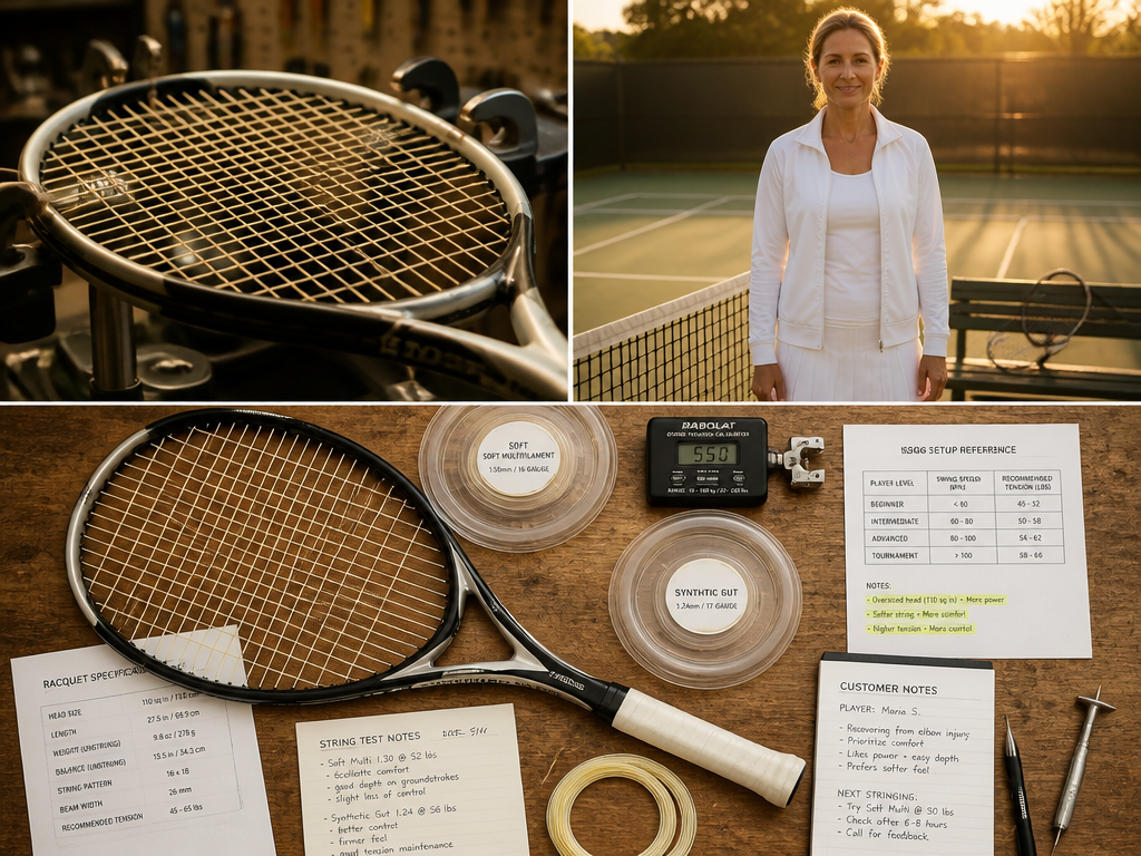 ["Close-up macro photograph of an oversized tennis racquet clamped in a professional stringing machine…