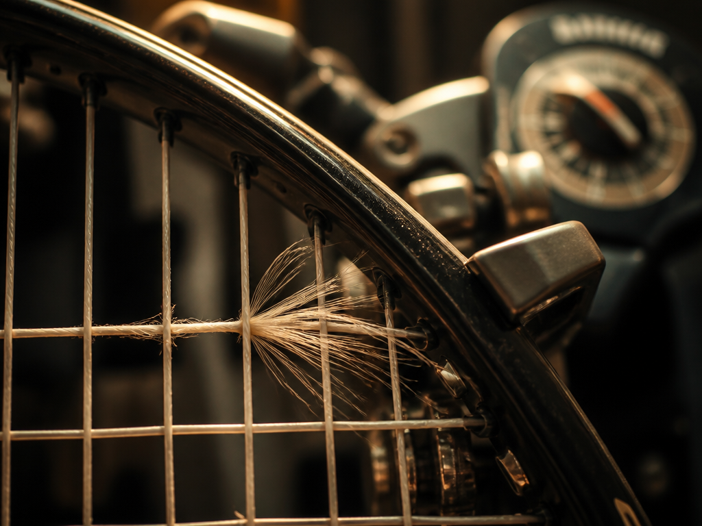 Extreme close-up macro photograph of a tennis racquet head clamped in a professional stringing…