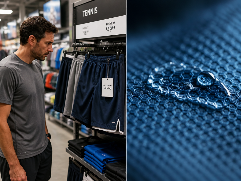 ["A photorealistic editorial photograph inside a brightly lit sporting-goods store aisle: a man in…