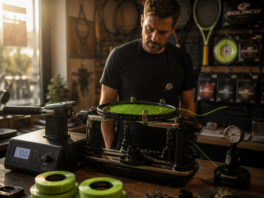 A professional stringer's workbench in a tennis shop photographed in warm late-afternoon window light…