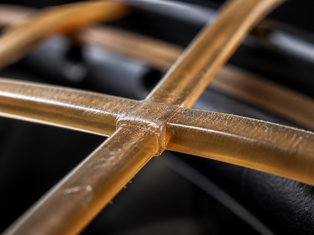 Extreme macro photography of a co-polyester tennis string bed at the point where main…