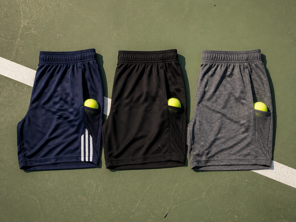 Professional product photography of three pairs of athletic tennis shorts laid flat side by…