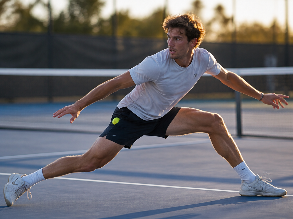 Photorealistic action shot of a male club tennis player mid-lunge on an outdoor hard…