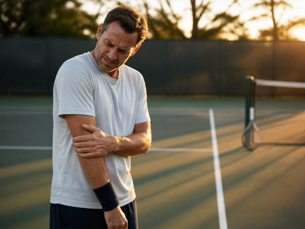 A middle-aged recreational tennis player standing at the baseline of an outdoor hard court…