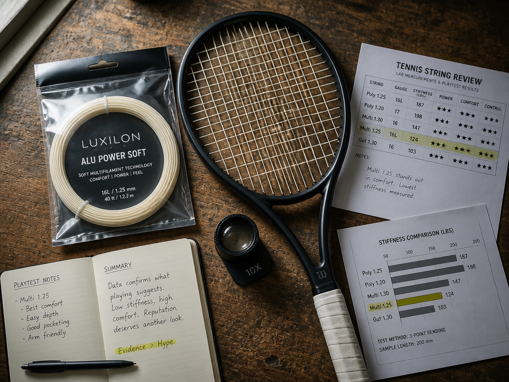 Overhead flat-lay photograph on a worn wooden pro-shop counter showing an unopened coil of…