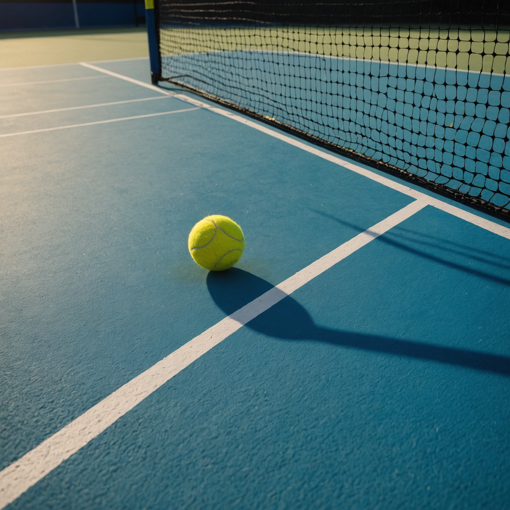 Wide-angle action photograph of a yellow tennis ball caught mid-flight just after impact, the…