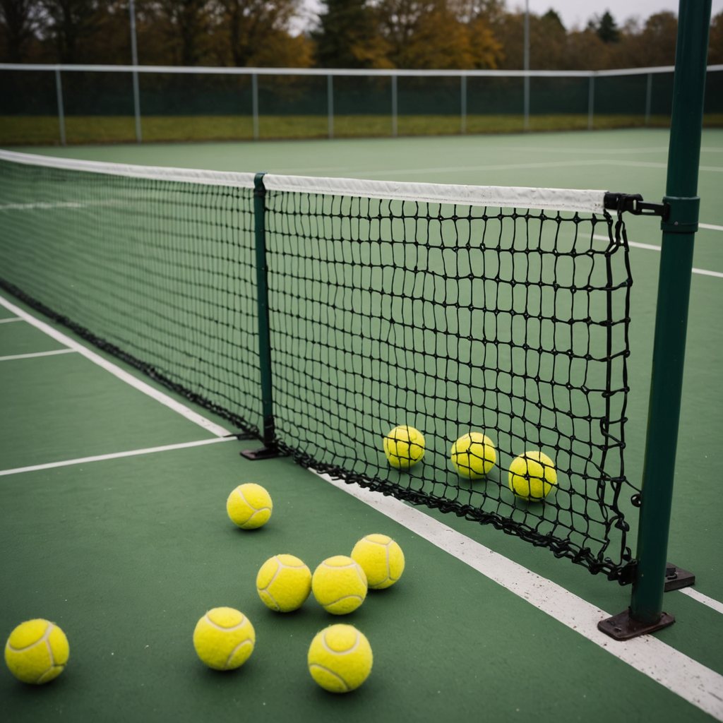Editorial photograph of a ball machine positioned at the baseline of an empty outdoor…