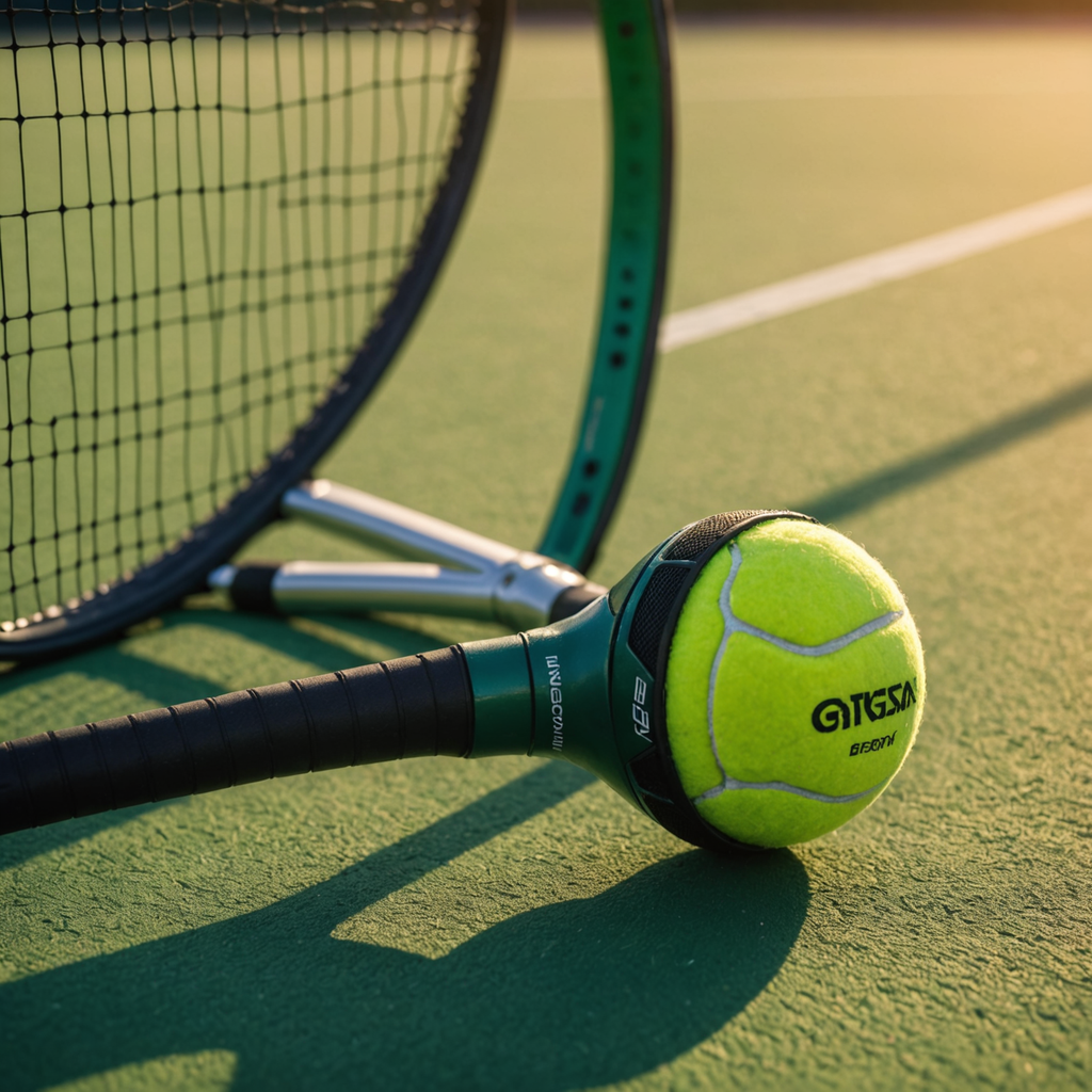 Close-up macro photograph of a tennis racquet handle resting on a sunlit hard court…
