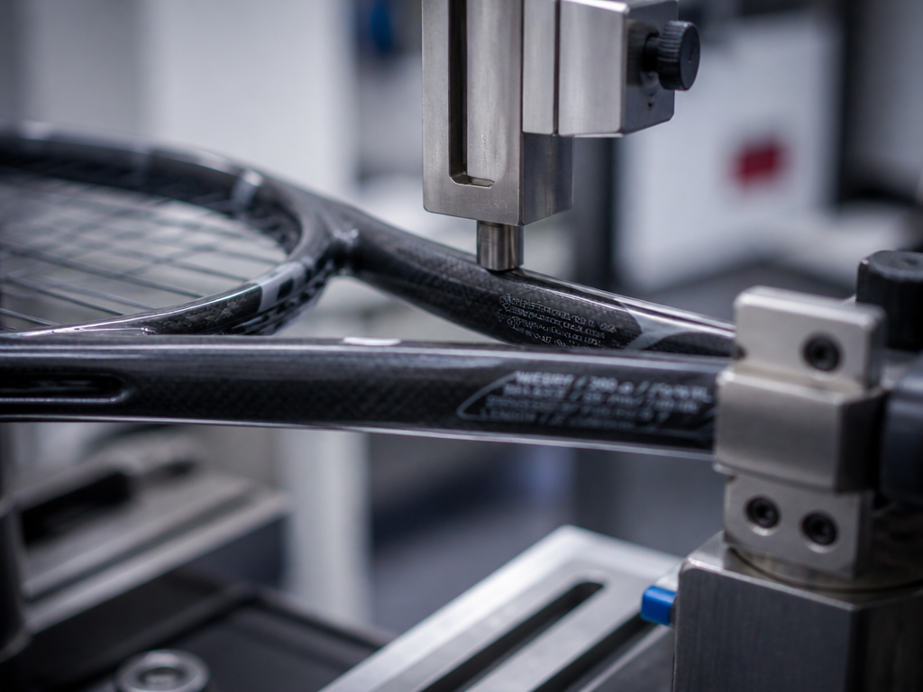 Macro close-up photograph of a modern graphite tennis racquet clamped into a precision diagnostic…