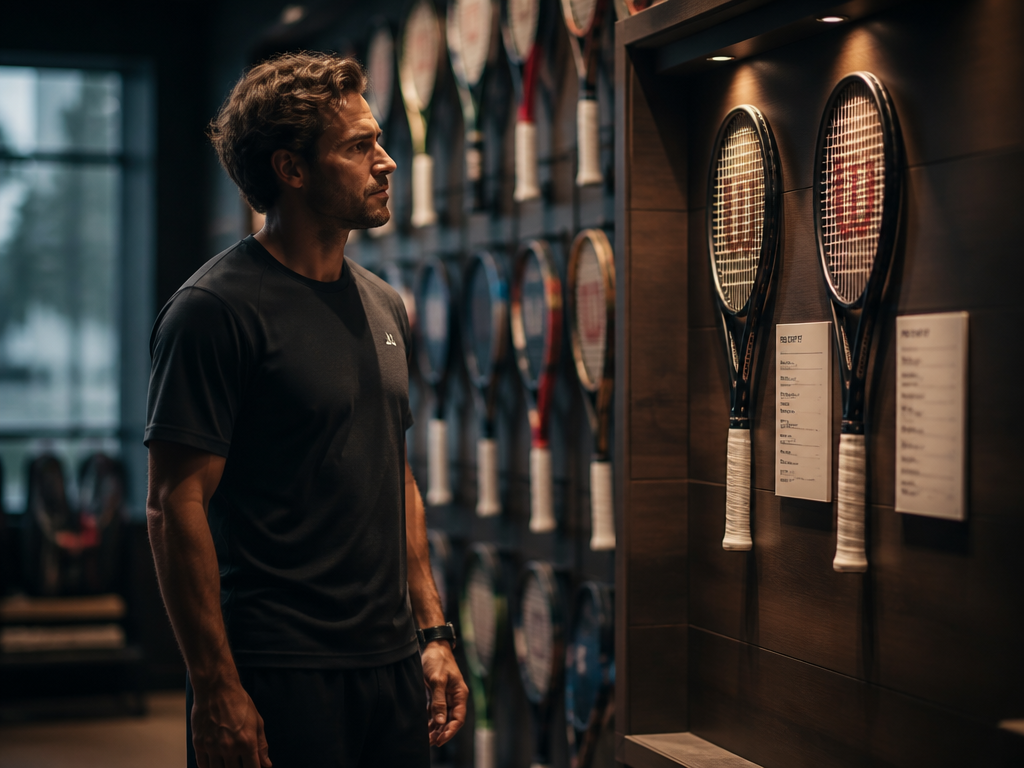 A thoughtful male tennis player in his 30s standing at a pro shop wall…