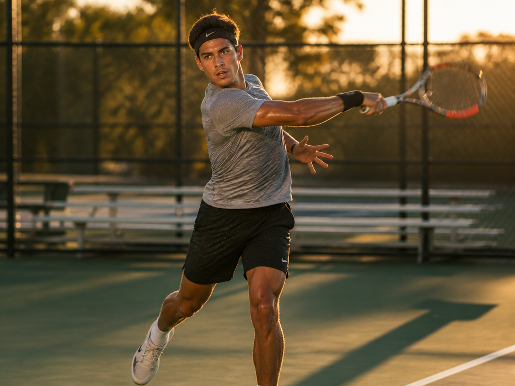An intermediate club tennis player mid-swing on an outdoor hard court at golden hour…