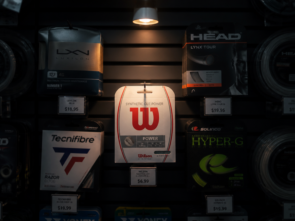 A moody still-life photograph inside a tennis pro shop: a wall display of string…