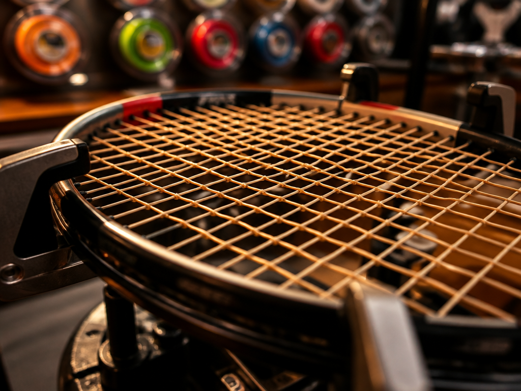 A close-up macro photograph of a tennis racquet strung with pale amber synthetic gut…
