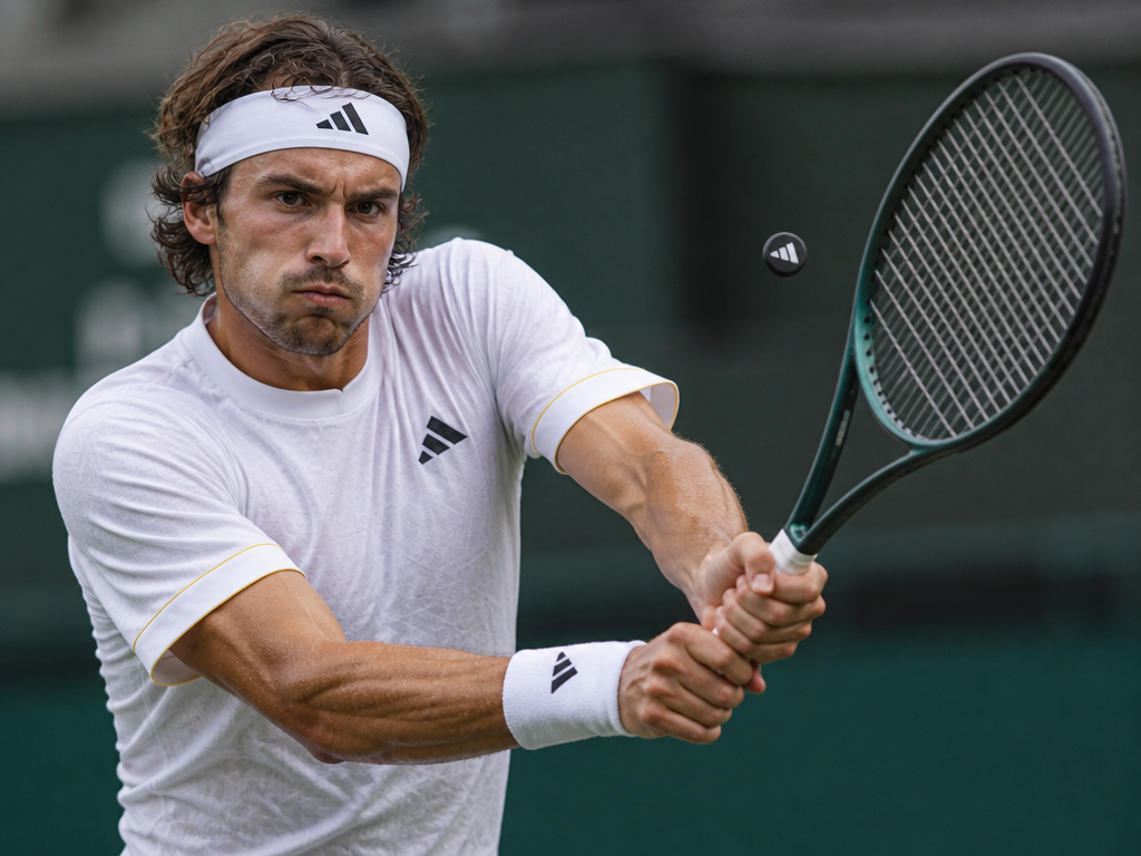 A professional tennis player mid-rally on an outdoor hard court on a humid overcast…