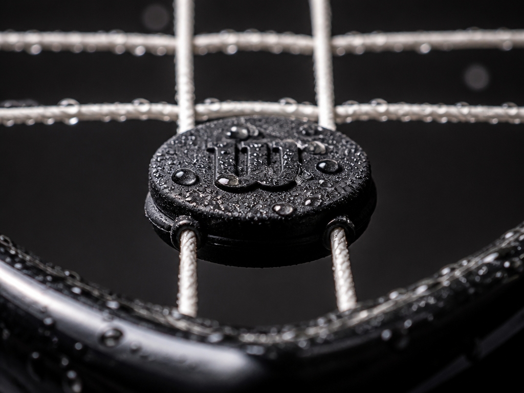 Extreme macro photograph of a round silicone vibration dampener nestled between the two center…