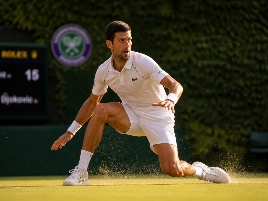 Wide editorial photograph of a professional tennis player mid-lunge on a pristine grass court…