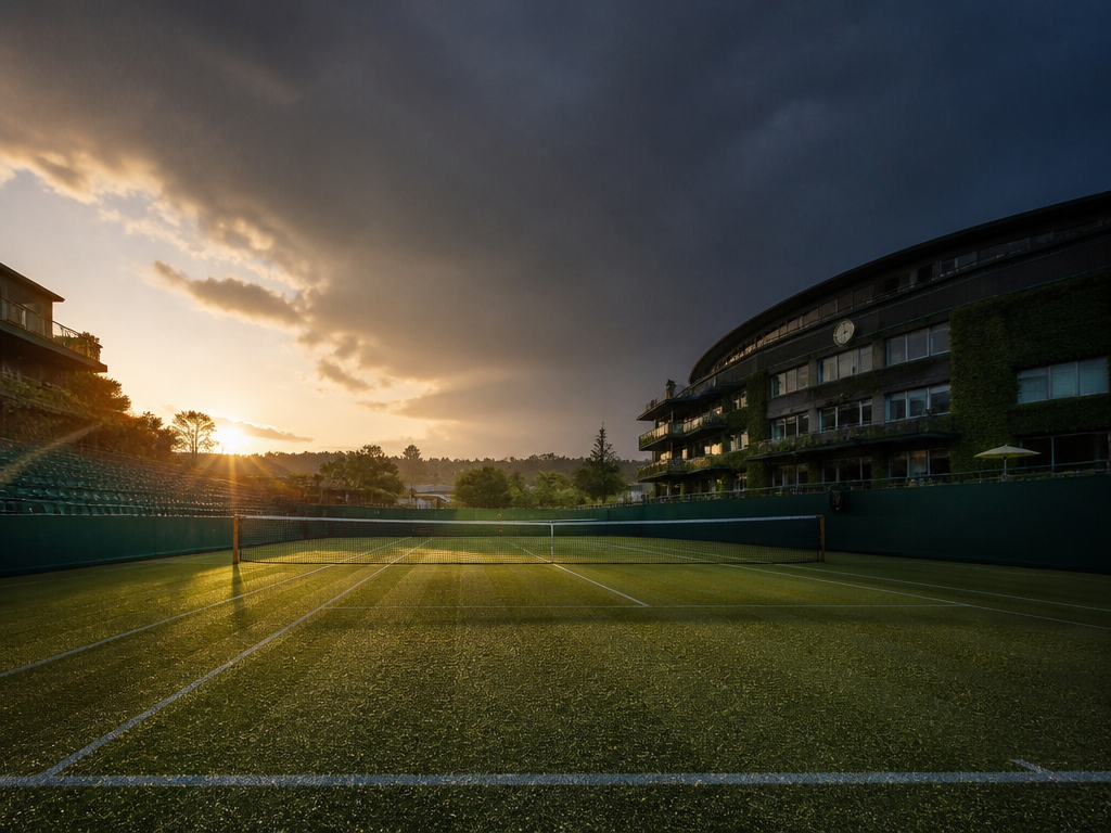 Moody atmospheric photograph of an empty grass tennis court at Wimbledon-style grounds under a…