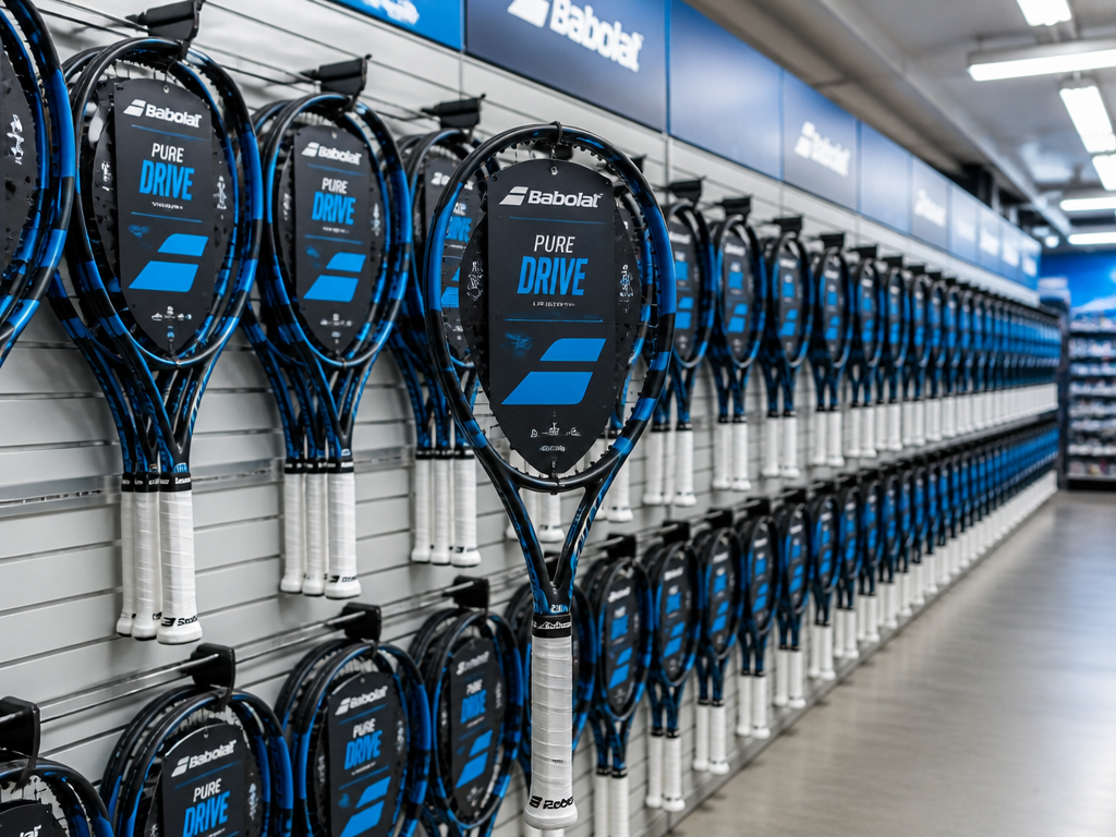 A wide interior shot of a brightly lit tennis retail store wall displaying rows…