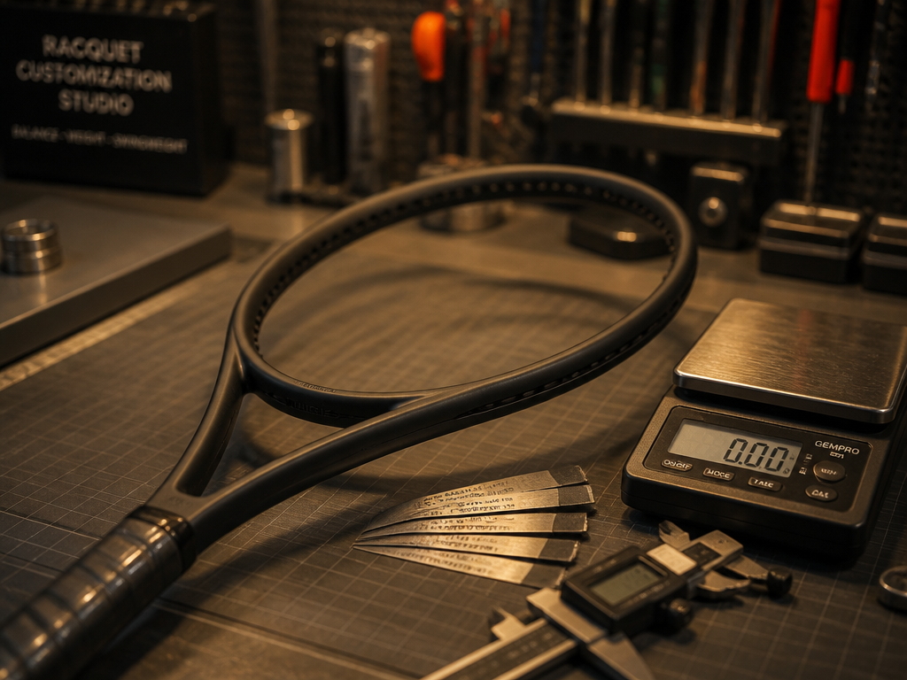 A cinematic close-up inside a professional racquet customization workshop: an unpainted matte-black tennis racquet…