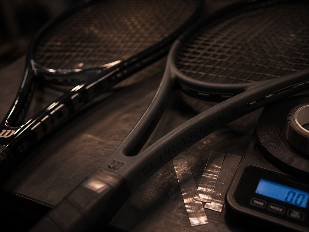 ["A moody macro photograph inside a professional tennis stringing room: two nearly identical black…
