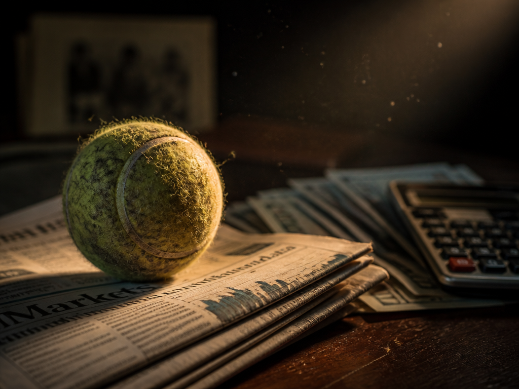 A close-up still-life photograph of a weathered tennis ball resting on a stack of…