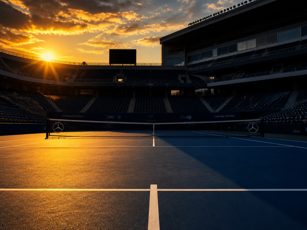 A cavernous, empty professional tennis stadium at dusk, shot from a low angle at…