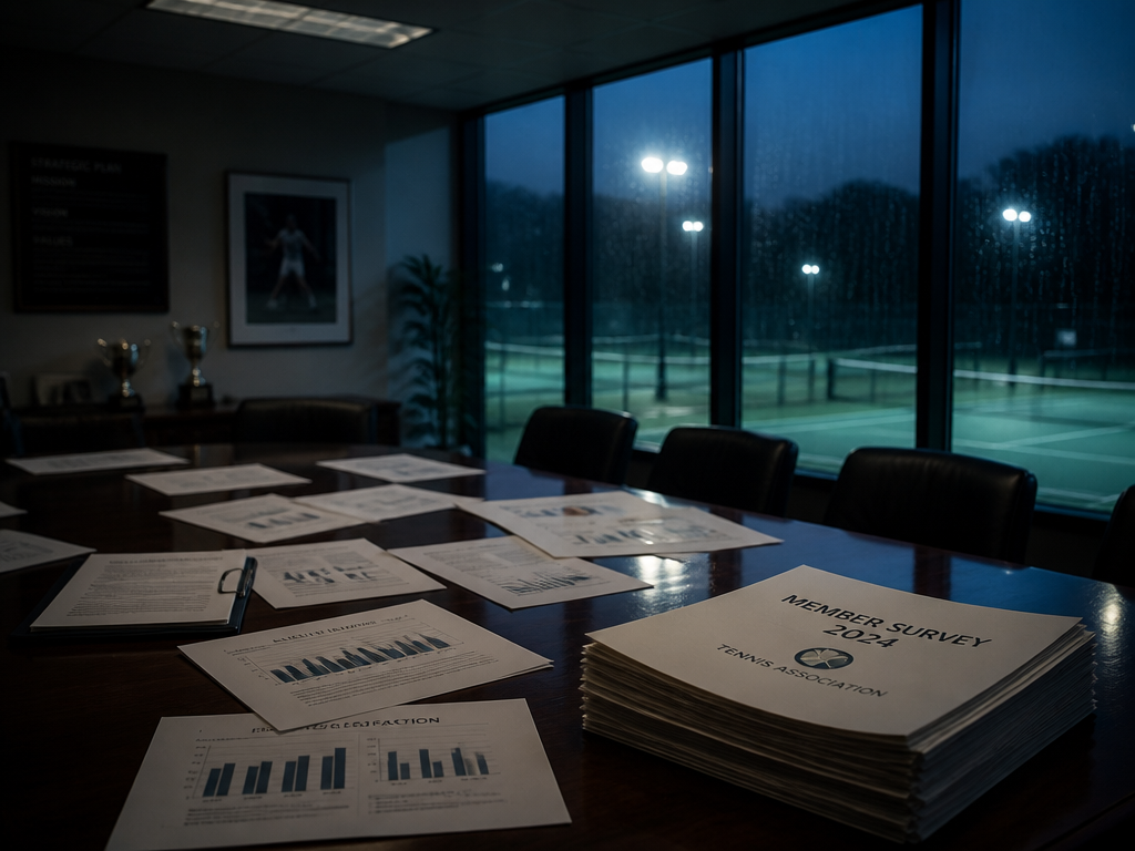 ["A dimly lit tennis association boardroom after hours, shot with a 35mm lens at…