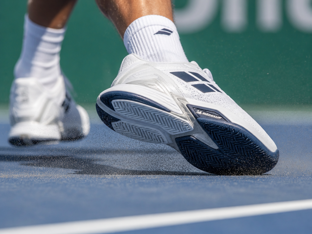 Extreme low-angle close-up on an outdoor hard tennis court: a professional tennis player mid-lateral…