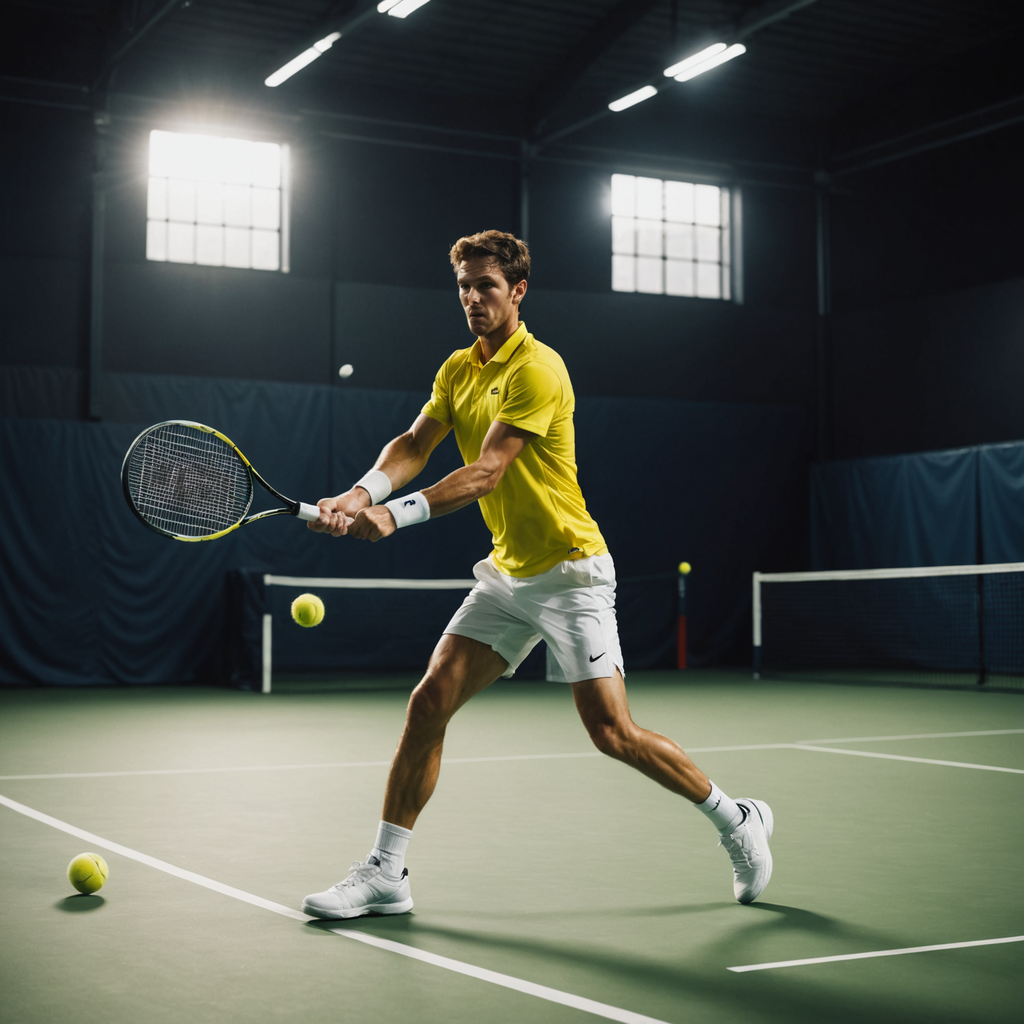 Wide action photograph of a right-handed intermediate tennis player mid-forehand swing on an indoor…