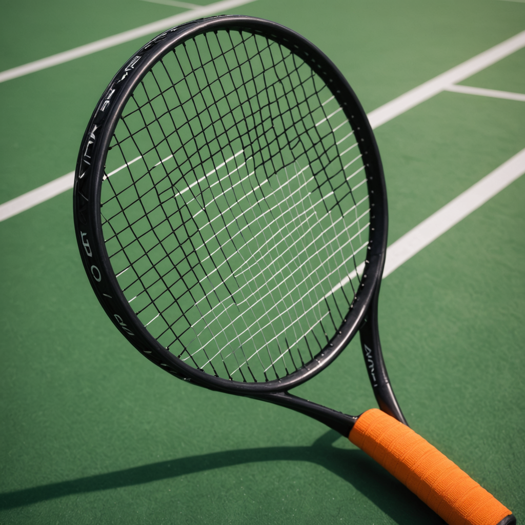 Close-up macro photograph of an octagonal tennis racquet handle resting on a clean indoor…
