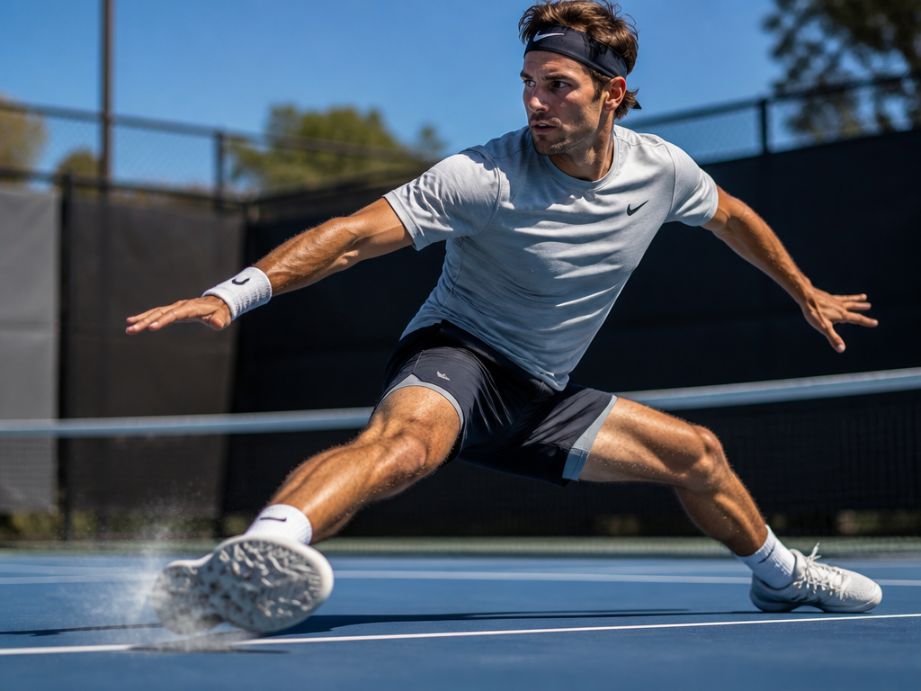A male tennis player in a powerful open-stance baseline slide on an outdoor hard…