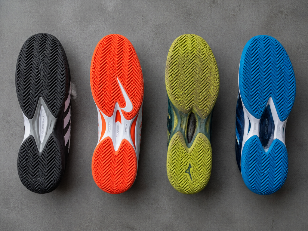 Overhead flat-lay studio photograph of four different tennis shoes arranged in a precise row…