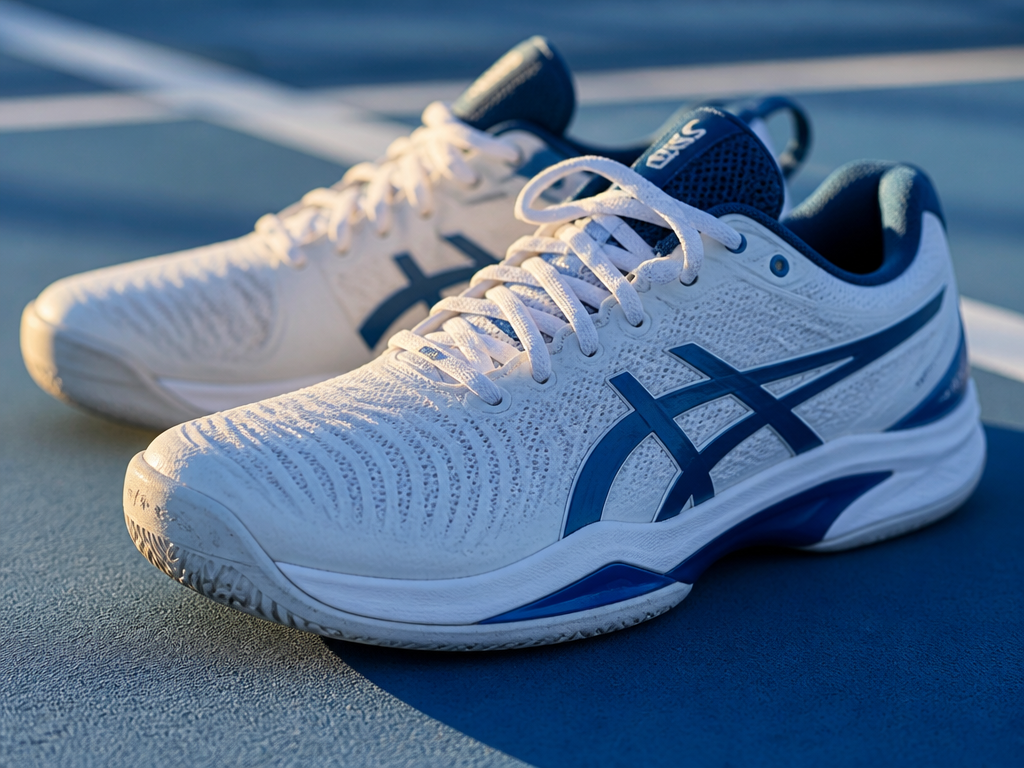 Close-up macro photograph of a pair of white and blue high-performance tennis shoes resting…
