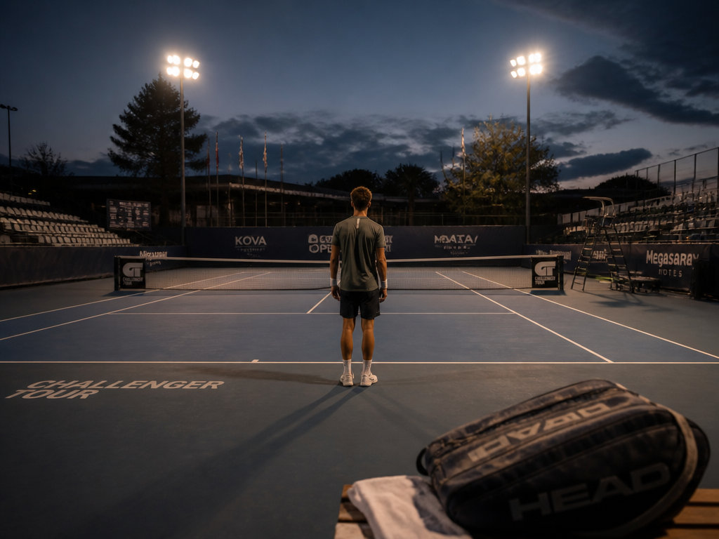 ["Moody documentary-style photograph inside a dimly lit tournament stringing room at a Challenger event…