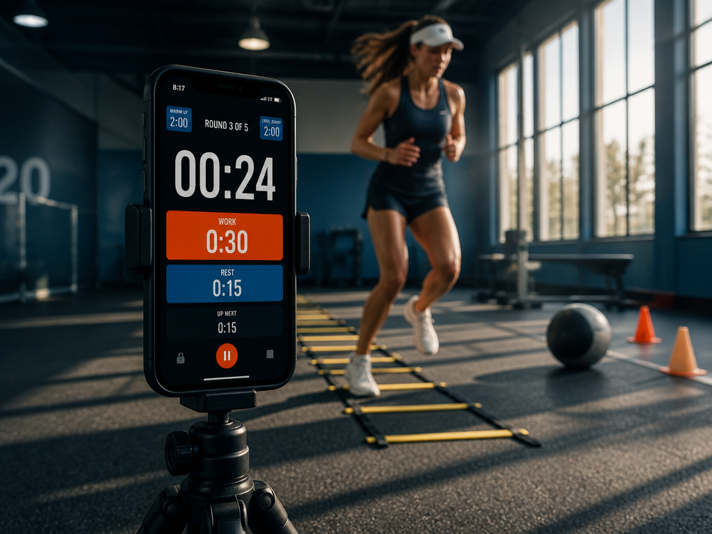 A photorealistic gym-floor scene captured with a shallow depth of field: in sharp focus…