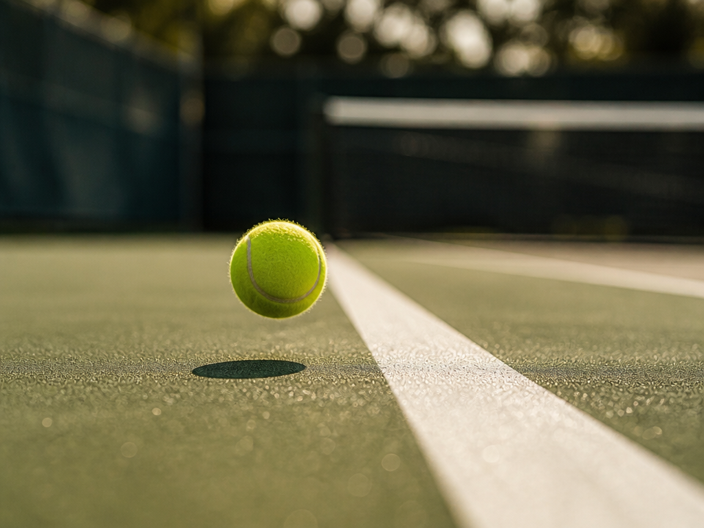 A tightly cropped, low-angle photograph of a lone tennis ball frozen mid-bounce just inside…