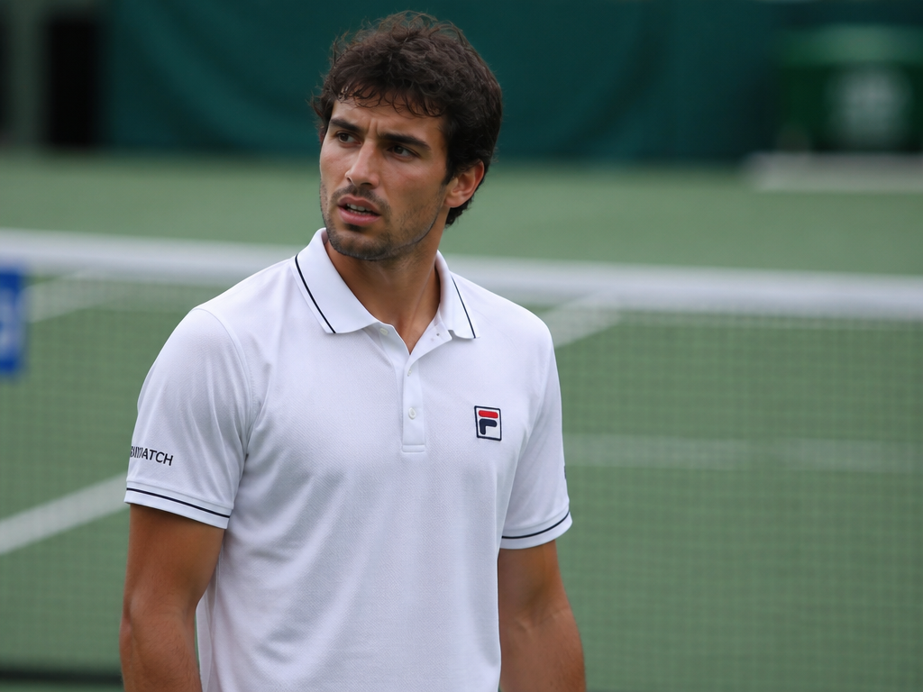 A candid mid-court photograph of a tennis player in a white polo standing at…