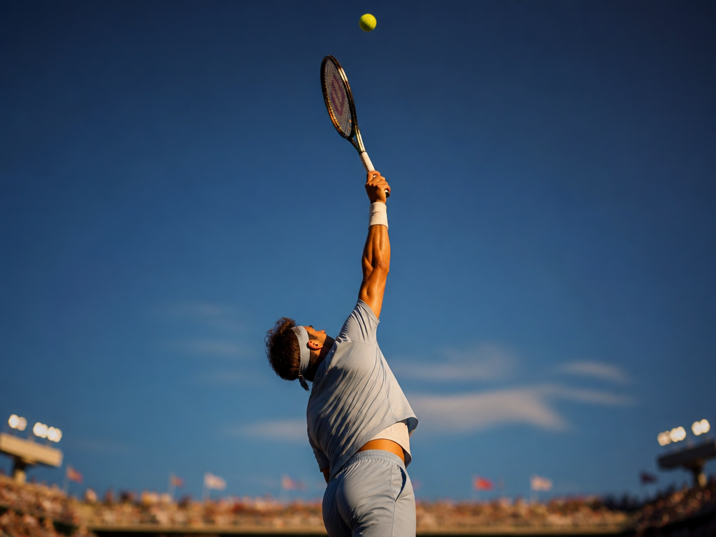A low-angle photograph of a tall tennis player captured at the exact peak of…
