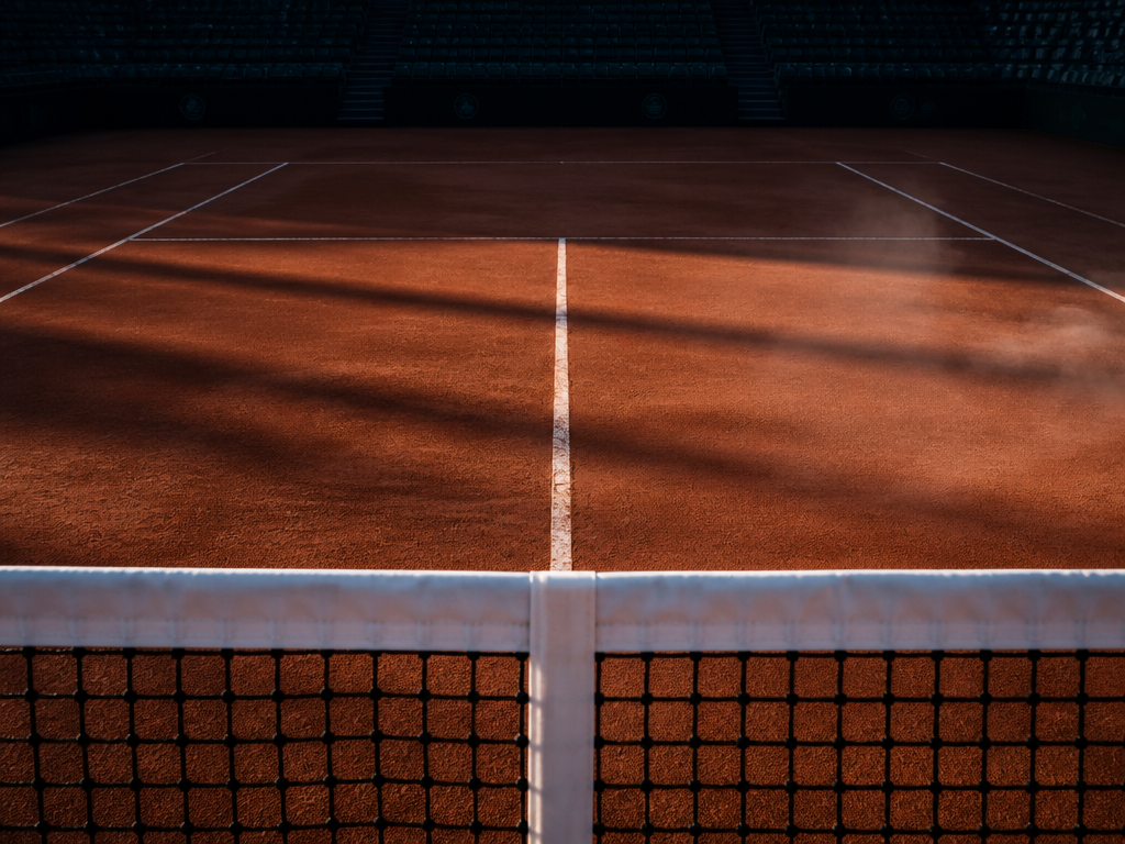 A close, precise photograph looking down the length of an empty clay tennis court…
