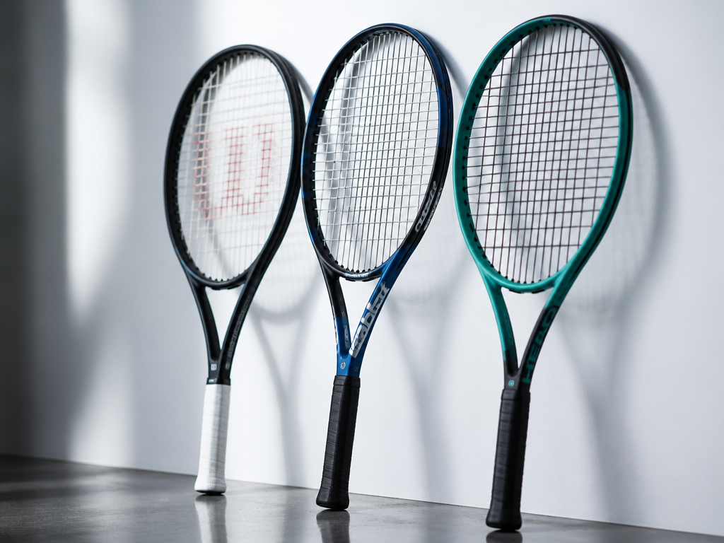 A close-up product still life of three tennis racquets leaning side by side against…